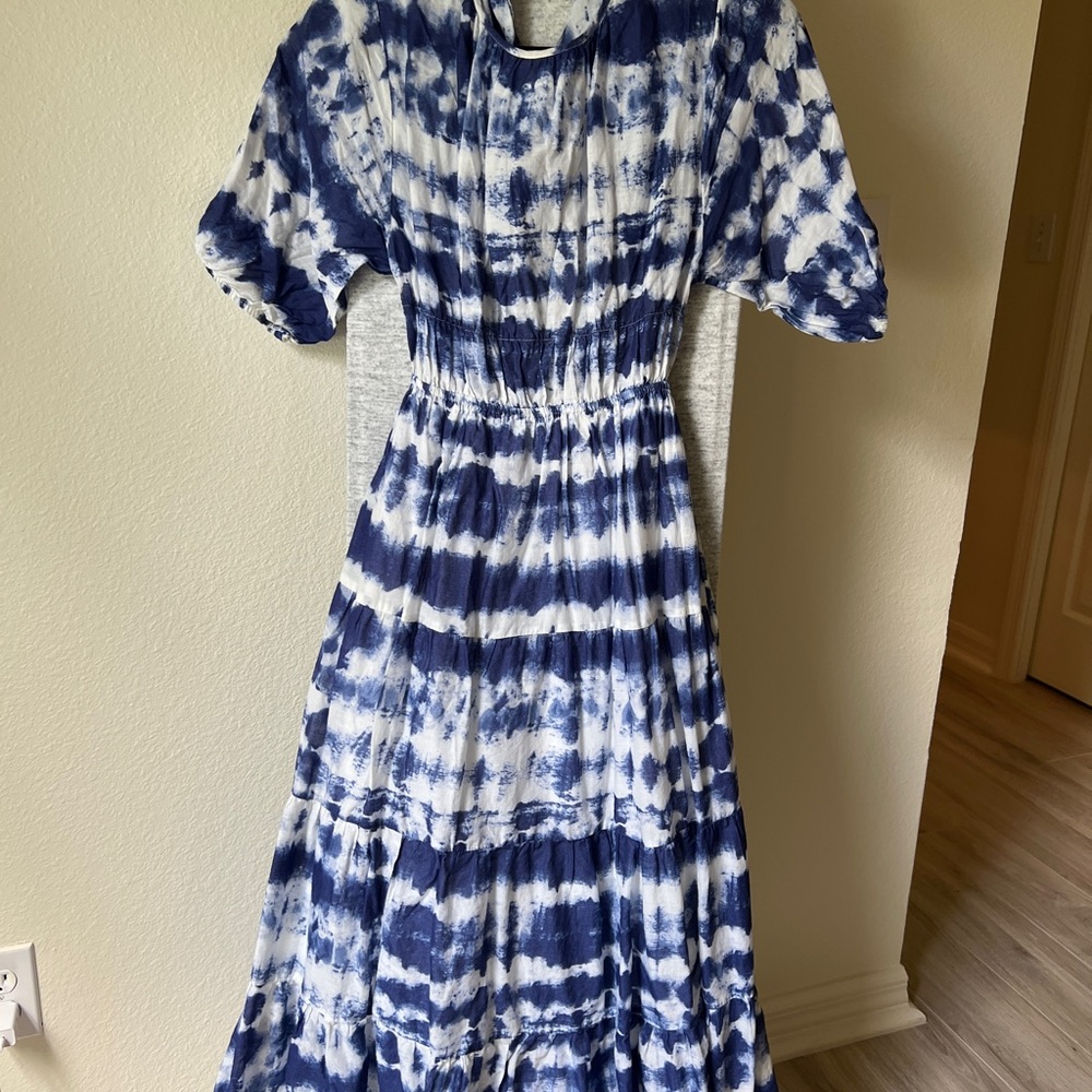 Mango Navy and White Long Sleeve Dress